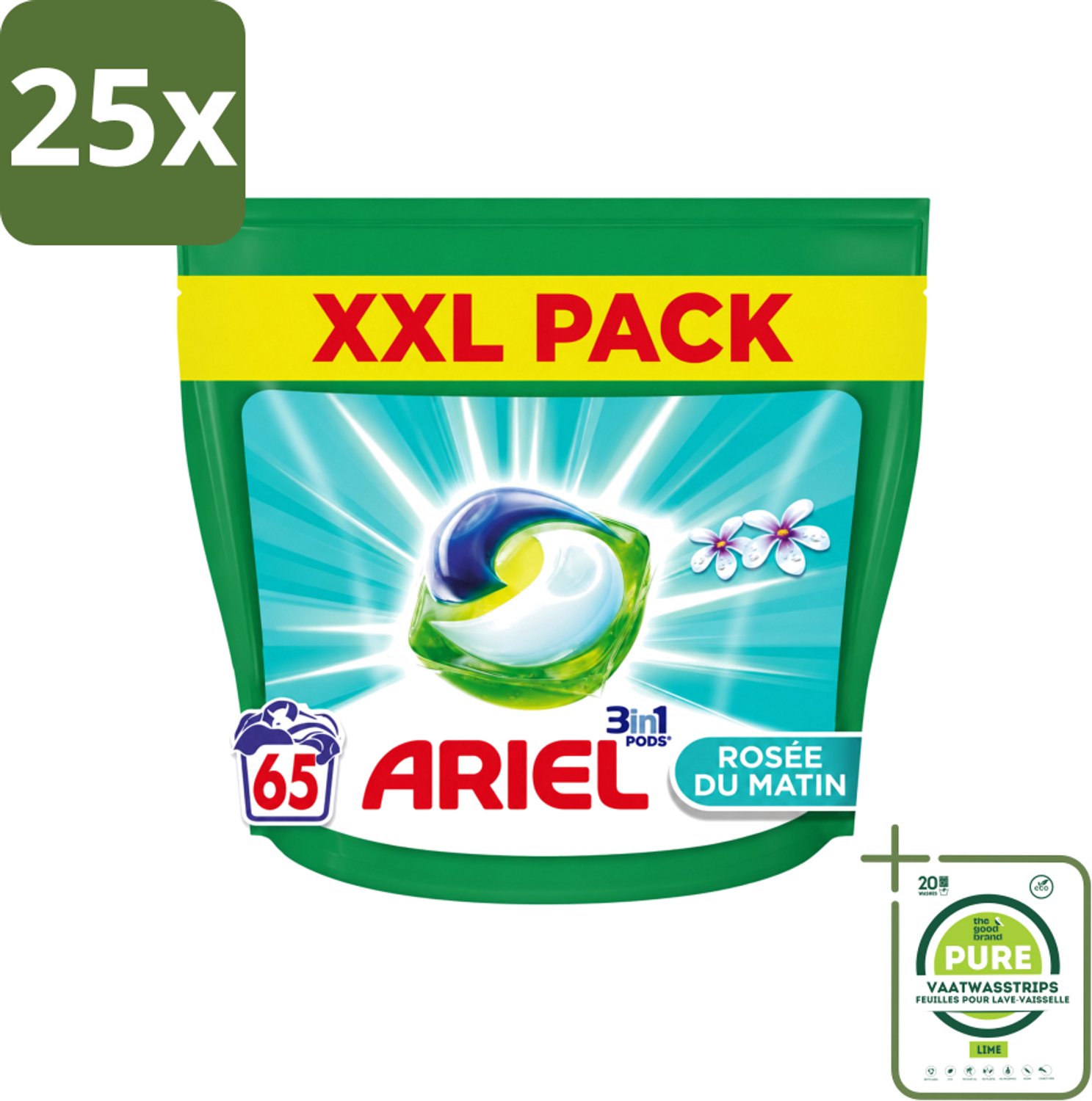 25 x Ariel – Pods 3in1 – Rosée du Matin – 1332 g – 65 wasbeurten - Grootverpakking - Vaatwasstrips - Ariel 3in1 Pods Rosée Du Matin - 3in1 Waspods - Wasmiddel Met Kleurbehoud - Wasmiddel Voor Gekleurde Kleding - Frisse Geur