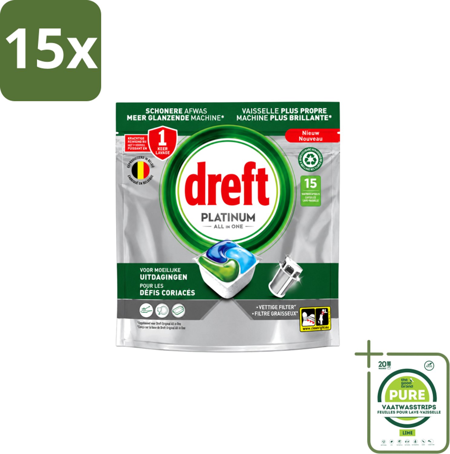 15 x Dreft – Vaatwascapsules – Platinum All-in-One – 15 Capsules - Grootverpakking - Vaatwasstrips - Vaatwasmiddel - Vaatwascapsule - Reinigingscapsule - Vetverwijdering - Glansspoelmiddel