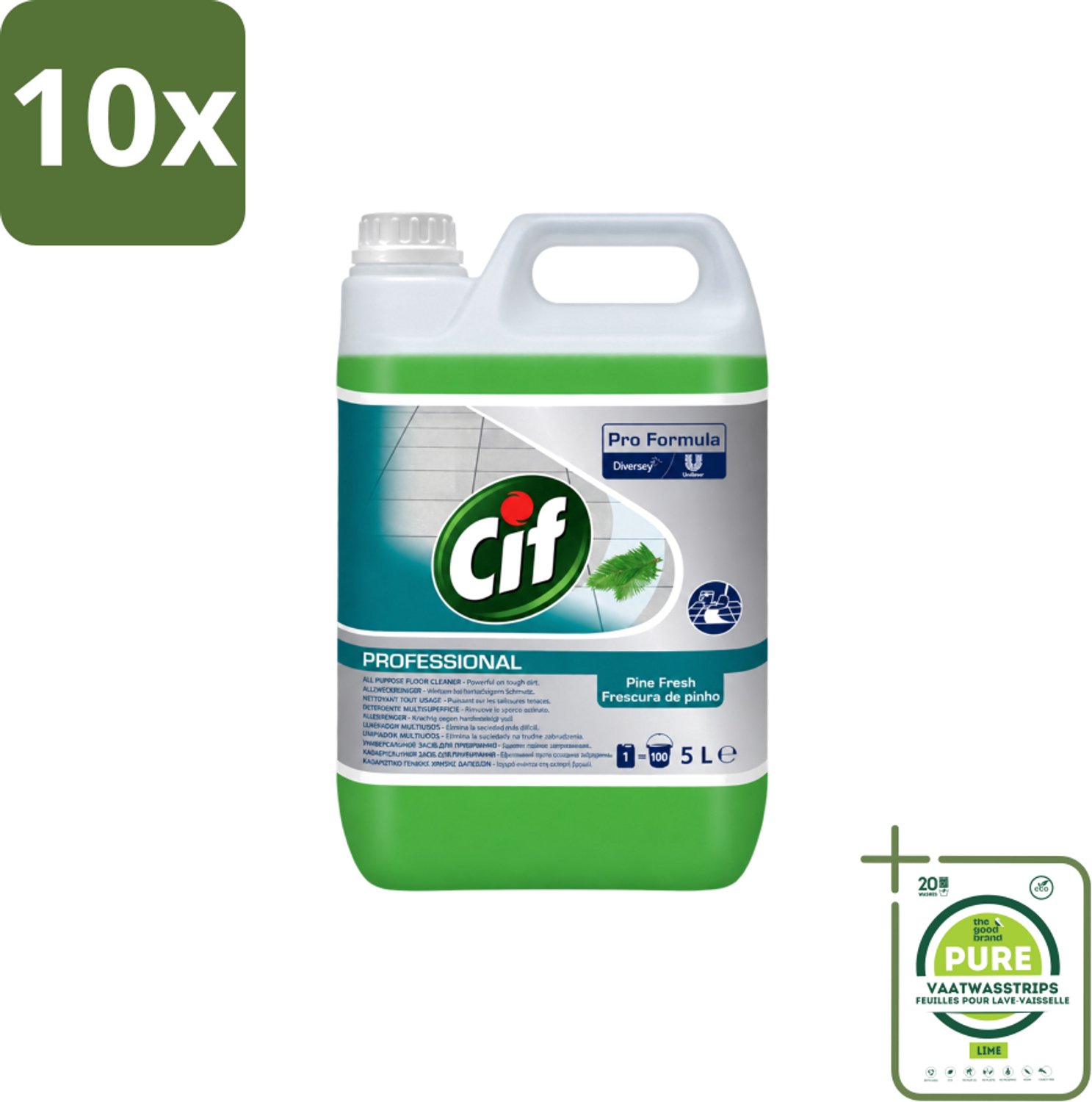 10 x Cif - Allesreiniger - Dennenfris - 5 l - Grootverpakking - Vaatwasstrips - Allesreiniger - Waterbestendig Oppervlak - Vloerreiniger - Vuiloplossend - Vetverwijderend