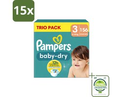 15 x Pampers – Luiers – Baby-Dry Trio Pack Maat 3 (6-10 kg) – 156 Luiers - Grootverpakking - Vaatwasstrips - Baby Luiers - Droge Luiers - Anti-lek Luiers - Baby Droogheid - Nachtluier