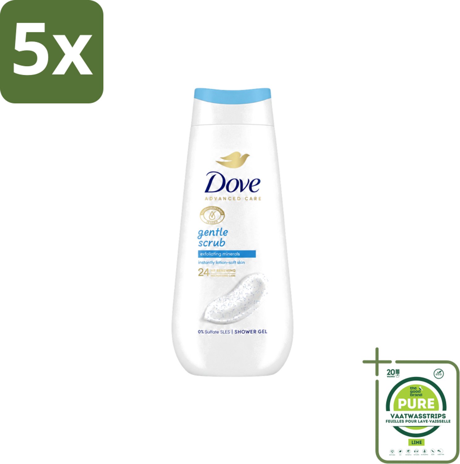 5 x Dove – Douchegel – Advanced Care Gentle Scrub – 225 ml - Grootverpakking - Vaatwasstrips - Douchegel - Exfoliatie - Huidverzorging - Zachte Douchegel - Schuim