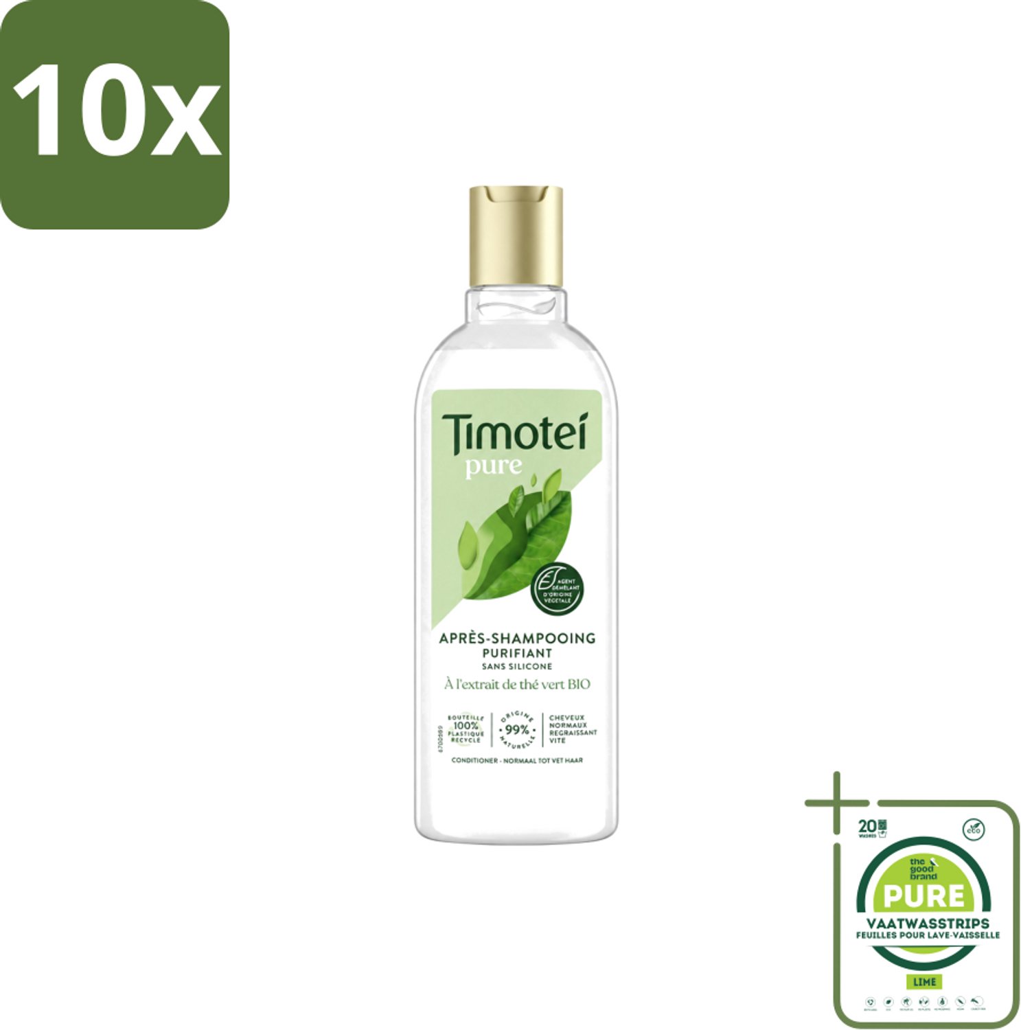 10 x Timotei Conditioner - pure groene thee - 300 ml - Grootverpakking - Vaatwasstrips - Groene Thee Conditioner - Zachte Haar - Fris Haar - Natuurlijke Haar Verzorging - Haar Verzorging