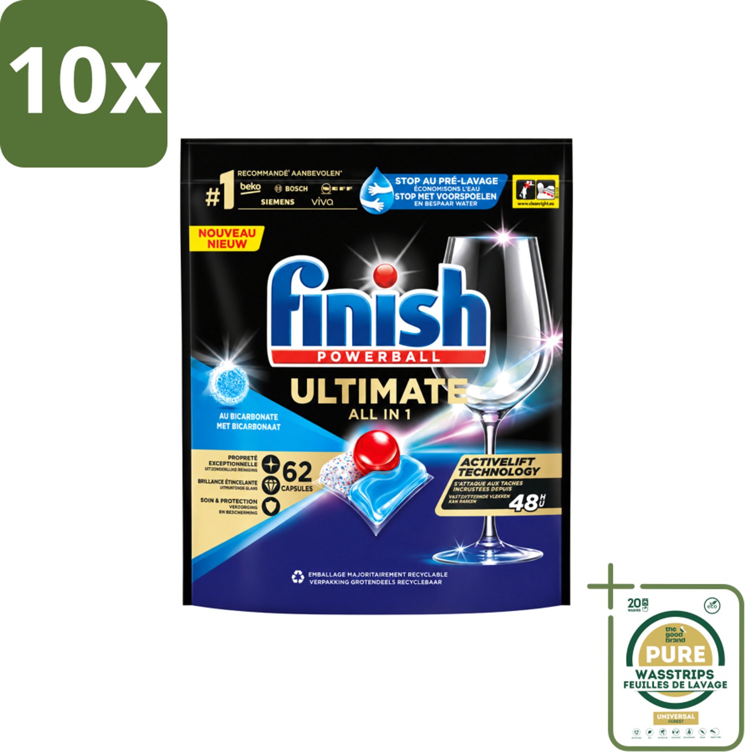 10 x Finish Powerball - Ultimate All in One - Vaatwastabletten - Met Bicarbonaat - 62 Capsules - Wasstrips - Vaatwasmiddel - Vaatwascapsules - Glans - Reiniging - Vlekken Verwijderen