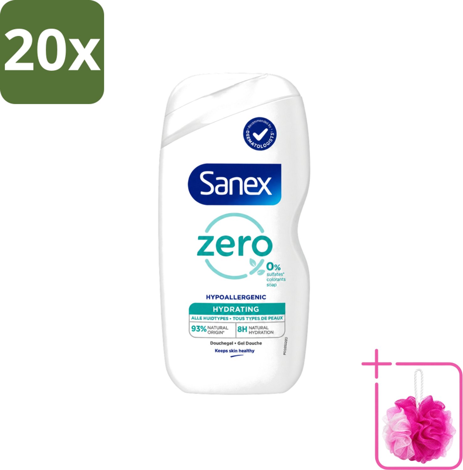 20 x Sanex Zero % - Douchegel - Hydrateert - Alle Huidtypes - 400 ml - Bulkverpakking - Douchegel - Douchemop - Huidverzorging
