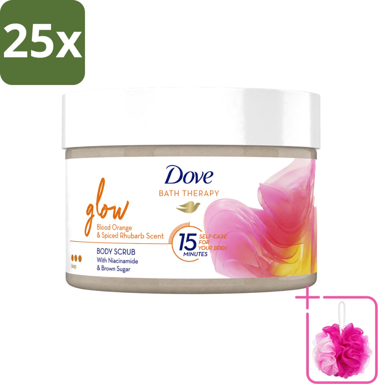 25 x Dove Bath Therapy Glow - Bodyscrub - Bloedsinaasappel & Rabarber - 295 ml - Bulkverpakking - Huid verzorging - Douchemop - Huid stralen