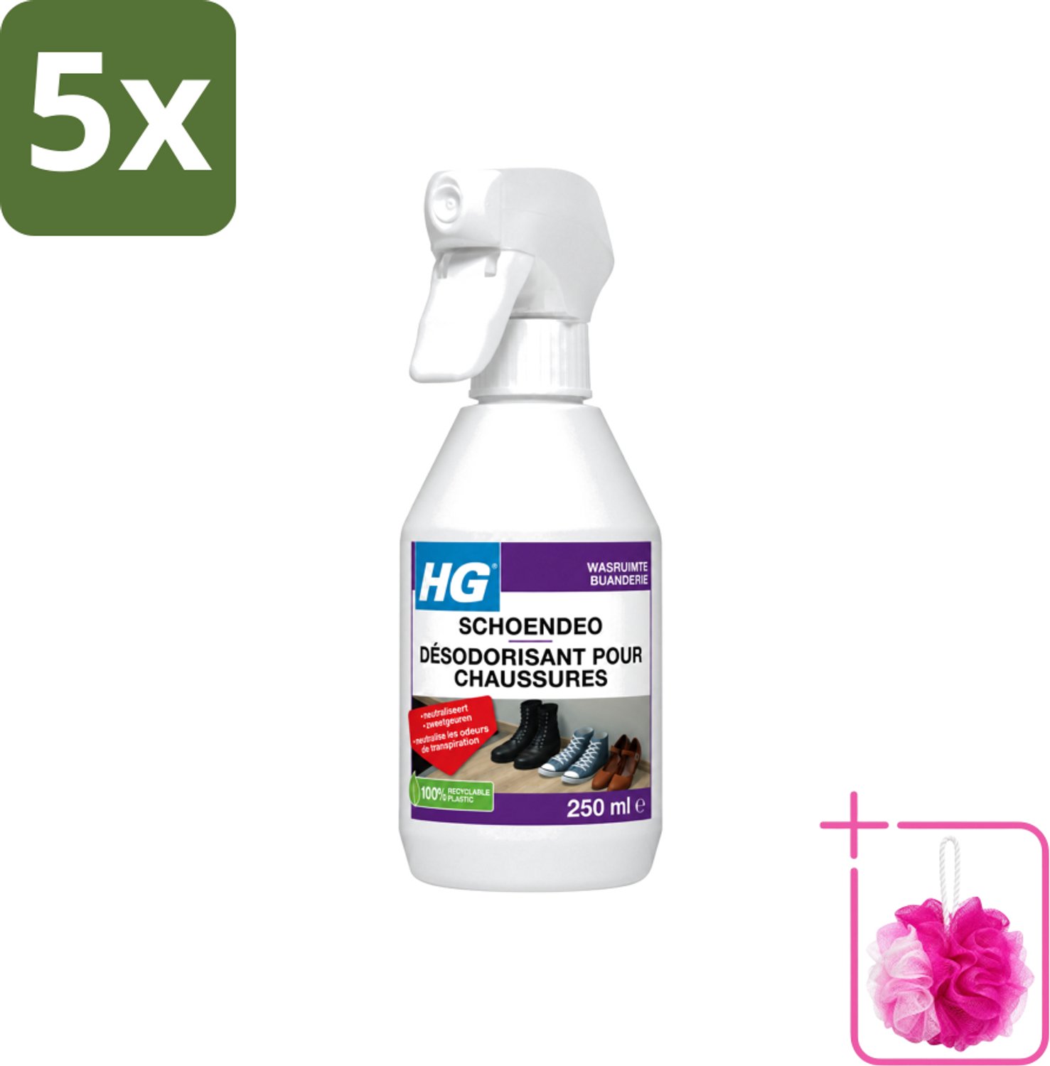 5 x HG - Schoendeo - Neutraliseert Zweetgeuren - Gemakkelijk in Gebruik - 250 ml - Bulkverpakking - Schoenen geur - Douchemop - Transpiratiegeur