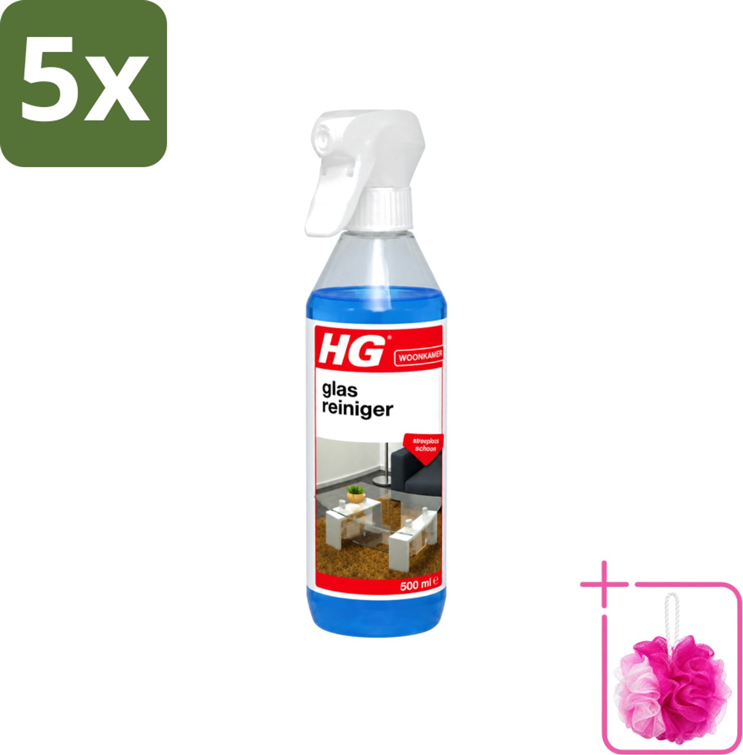 5 x HG - Glasreiniger Spray - Streeploos Schoon - Ontvet & Droogt Snel - 500 ml - Bulkverpakking - Glas reinigen - Douchemop - Streeploos schoonmaken