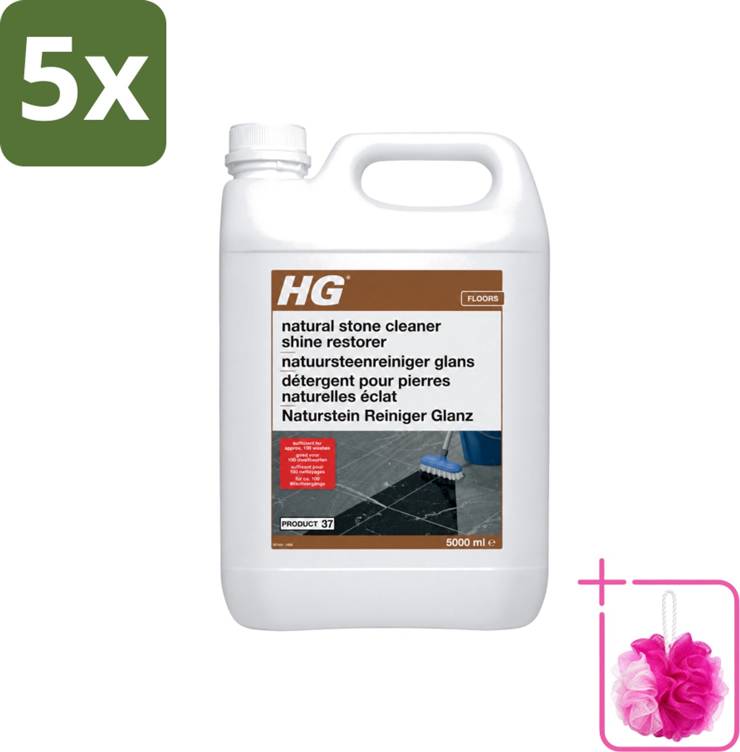 5 x HG - Natuursteenreiniger Glans - 40 Dweilbeurten - 5L - Bulkverpakking - Natuursteen reinigen - Douchemop - Marmer reinigen