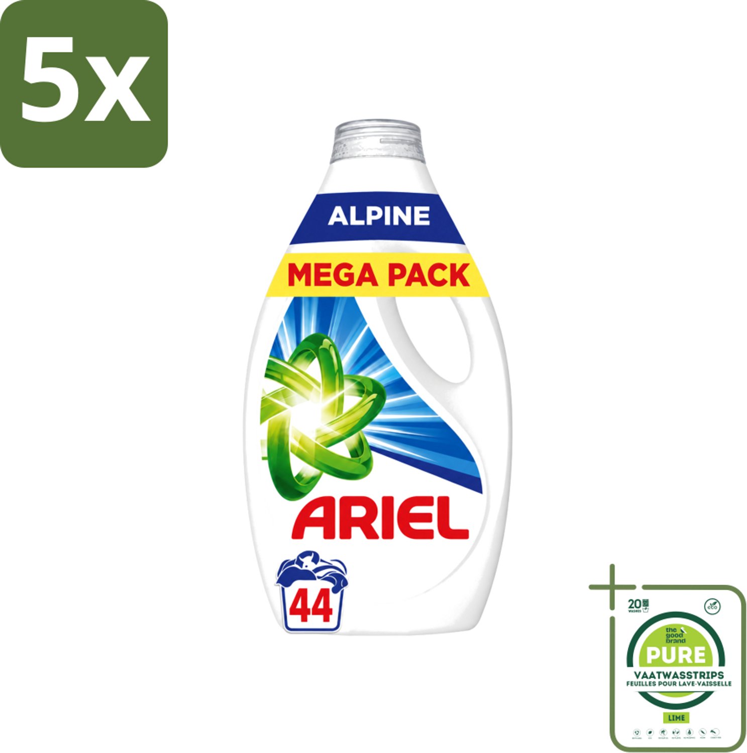 5 x Ariel – Vloeibaar Wasmiddel – Alpine – 1980 ml – 44 wasbeurten - Grootverpakking - Vaatwasstrips - Vloeibaar Wasmiddel - Vlekverwijdering - Koud Wassen - Ariel Alpine - Wasmiddel 1980 Ml