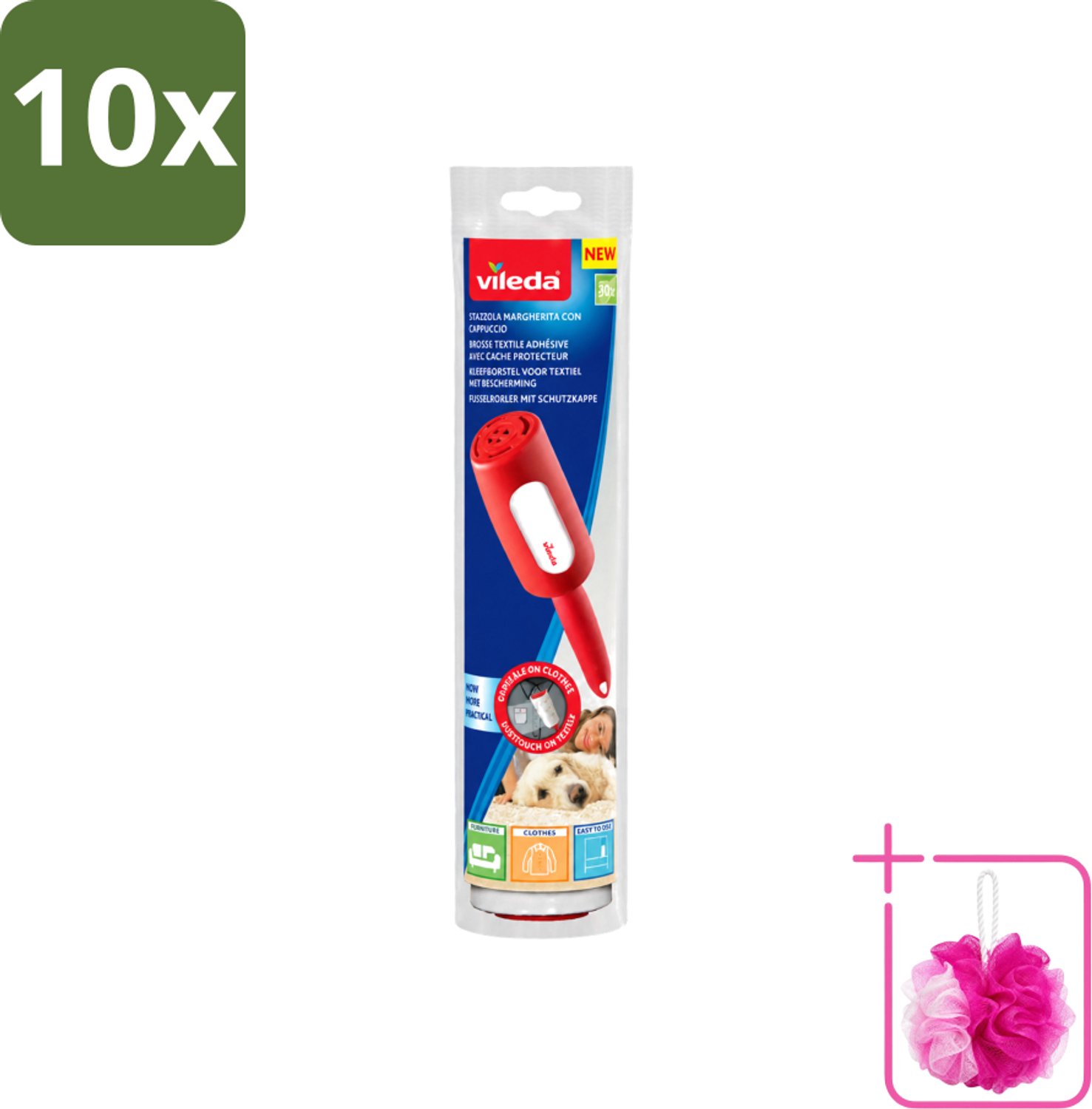 10 x Vileda - Lintroller - Pluisverwijderaar - Inclusief Beschermkap - 30 Vellen - Bulkverpakking - Pluisverwijderaar - Douchemop - Pluisjes verwijderen