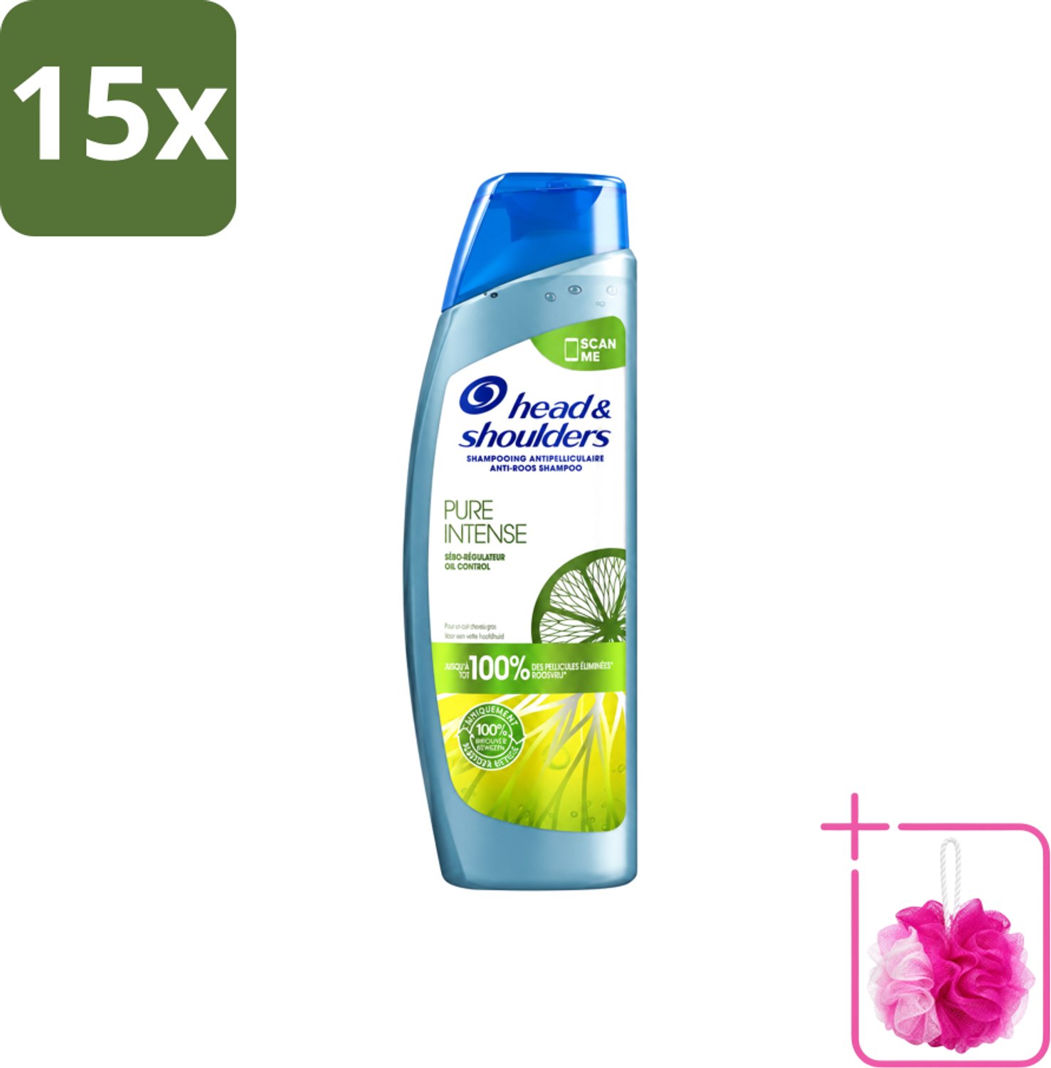15 x Head & Shoulders - Anti-Roos Shampoo - Pure Intense - Oil Control - 250 ml - Bulkverpakking - Roosvrij haar - Douchemop - Oliecontrole