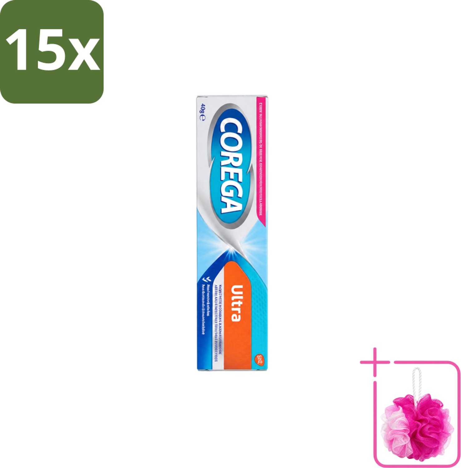 15 x Corega Ultra Kleefcrème - Krachtig Houvast & Bescherming - Met Verfrissende Mintsmaak - 40g - Bulkverpakking - Gebitprothese kleefcrème - Douchemop - Houvast gebitsprothese