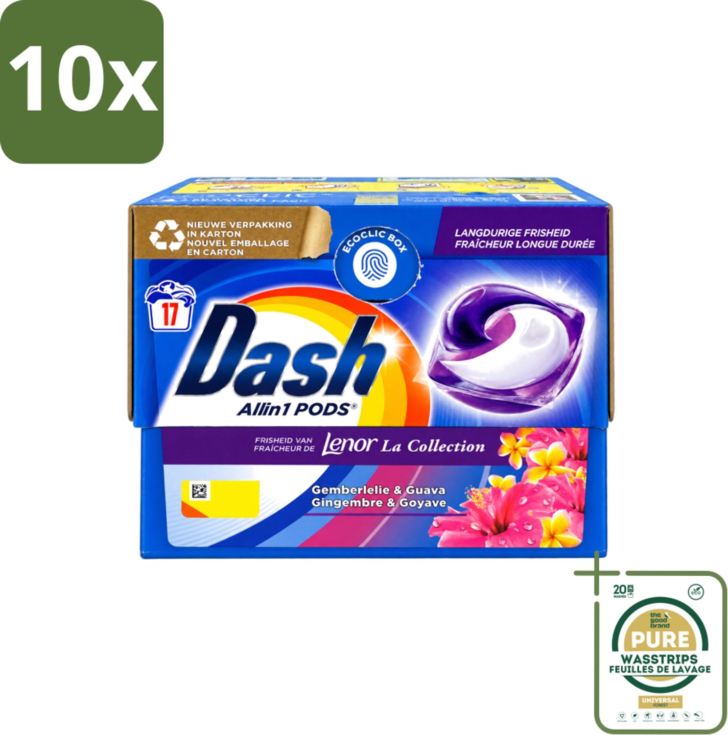10 x Dash - Lenor Collectie - Wasmiddel Capsules - All-in-1 Pods - Witte en Gekleurde Was - Gemberlelie & Guava - 17 Wasbeurten - Wasstrips - Wasmiddel Capsules - Wasmiddel Pod - Wasmiddel Wit - Wasmiddel Gekleurd - Wasmiddel Frisheid