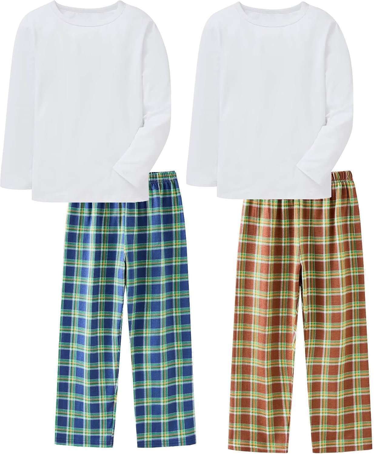4-delige set, kinderkleding, stretch, geribbeld, katoen, nachtkleding, wit, top, geruite broek, nachtkleding, 3-11 jaar