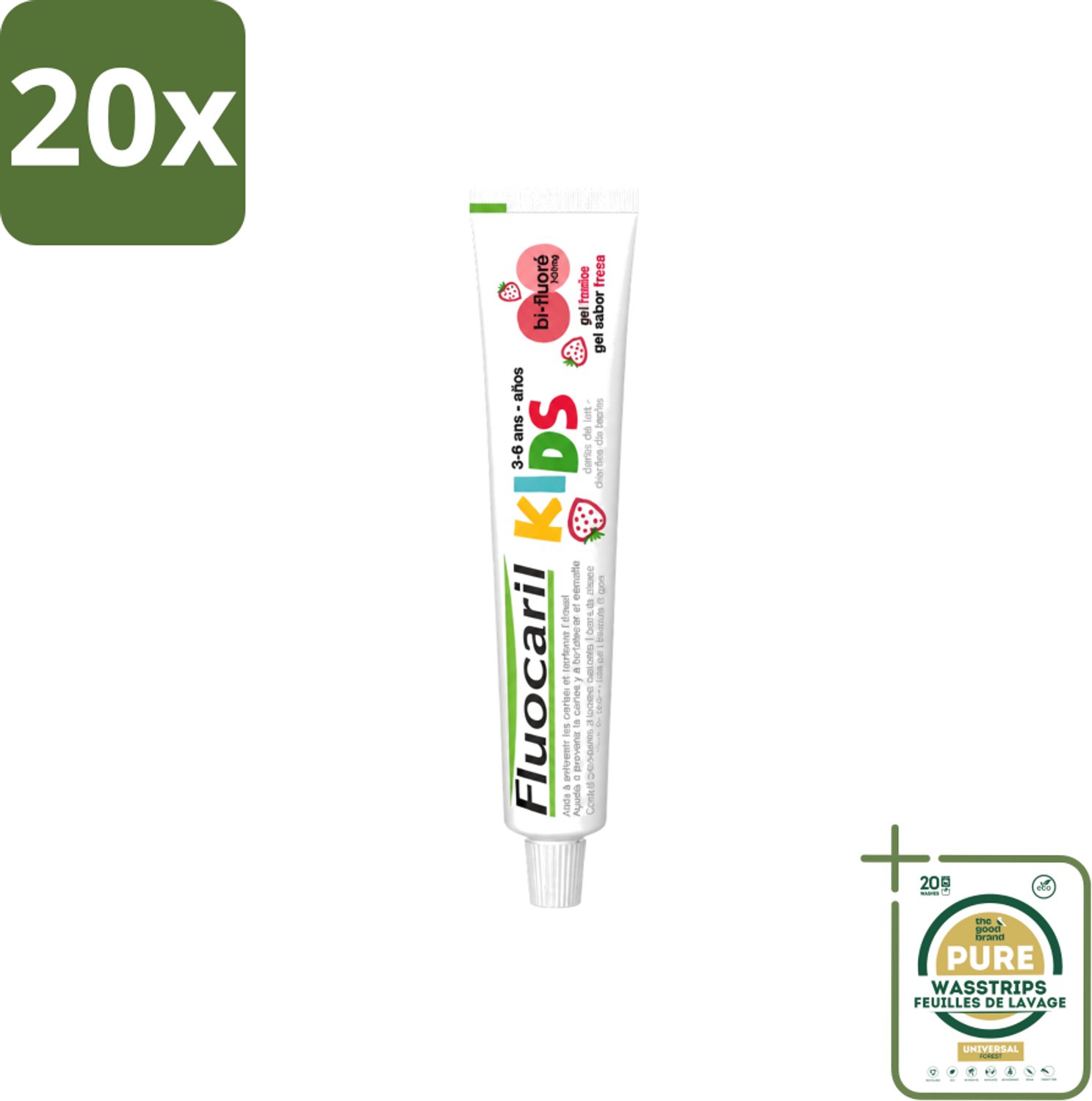 20 x Fluocaril Kids - Bi-Fluoride - Tandpasta - Met Aardbeiensmaak - 3 tot 6 jaar - 50 ml - Wasstrips - Tandpasta Voor Kinderen - Melktanden Beschermen - Bi-fluoride Tandpasta - Aardbeiensmaak Tandpasta - Tandenpoetsen Voor Kinderen
