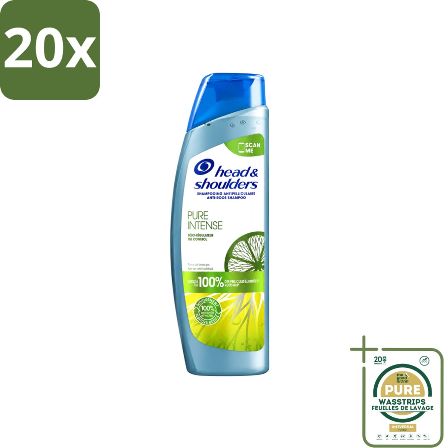 20 x Head & Shoulders - Anti-Roos Shampoo - Pure Intense - Oil Control - 250 ml - Wasstrips - Roosvrij Haar - Oliecontrole - Schone Hoofdhuid - Vet Haar - Anti-roos Shampoo
