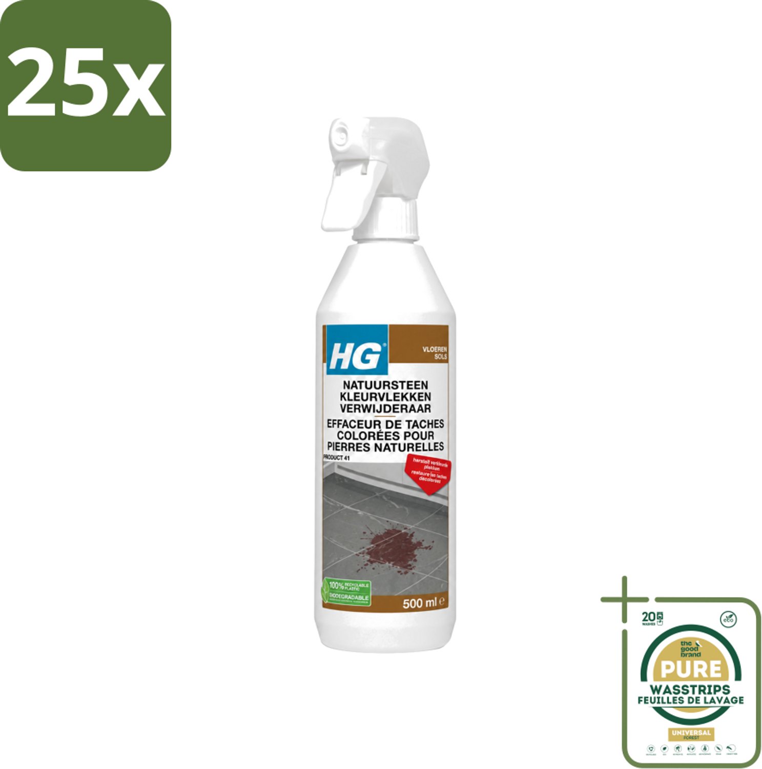 25 x HG - Natuursteen Kleurvlekken Verwijderaar - Hersteld Verkleurde Plekken - 500 ml - Wasstrips - Natuursteen Vlekkenverwijderaar - Vlekken Verwijderen - Marmer Vlekken - Natuursteen Reinigen - Kleur Herstellen