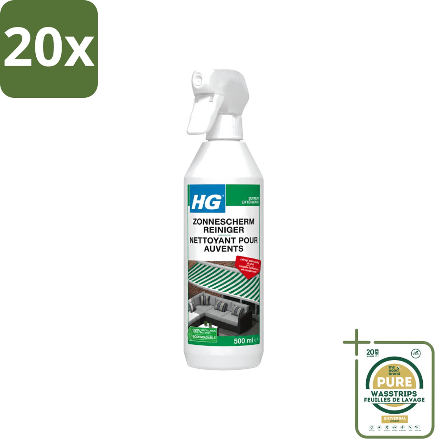 20 x HG - Buiten - Zonneschermreiniger - Reinigt Eenvoudig & Snel - 500 ml - Wasstrips - Zonnescherm Reinigen - Buitenstoffen Reinigen - Zonnescherm Reiniger - Zonnescherm Reinigen Snel - Zonnescherm Reinigen Eenvoudig