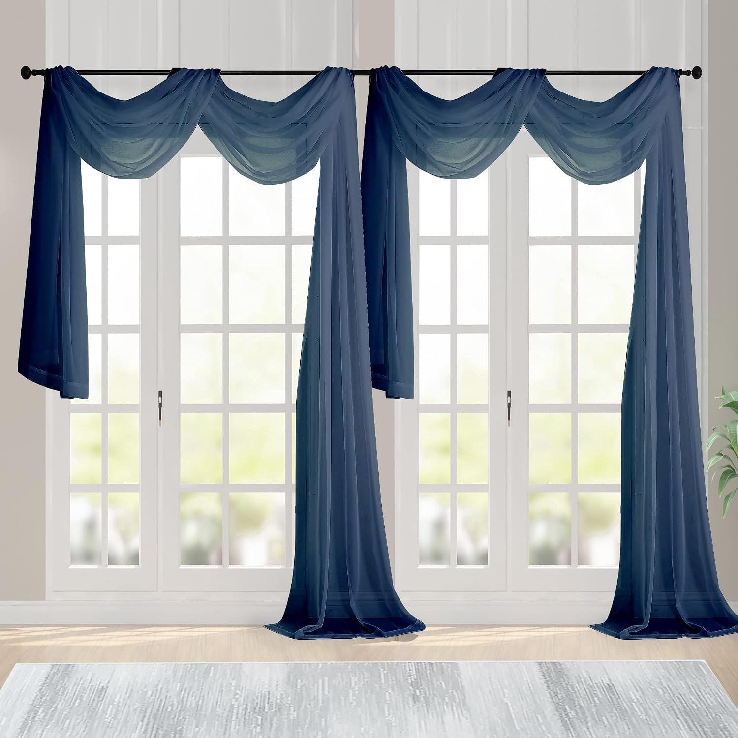 Doorschijnende sjaalvolant voor ramen 640 cm extra lang, raamsjaal gordijnen staaf zak achtergrond voor bruiloft boog draperen/feest/luifel bed/woonkamer, 2 stuks, 45 cm lengte
