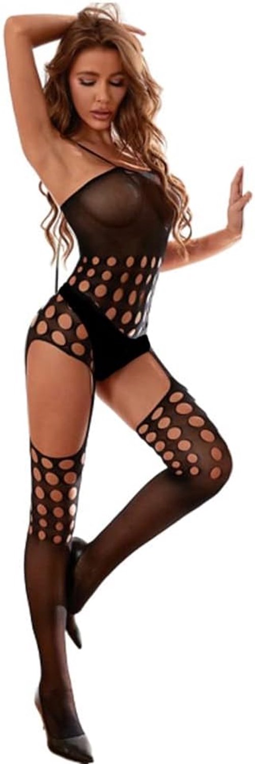 Lingerie voor dames, naadloze bodystocking, catsuit, open vrouwen, babydoll, sexy ondergoed, jurk, visnet, negligees, lingerie, nachtjurk, nachtkleding, nachtkleding, open kruis, zwart