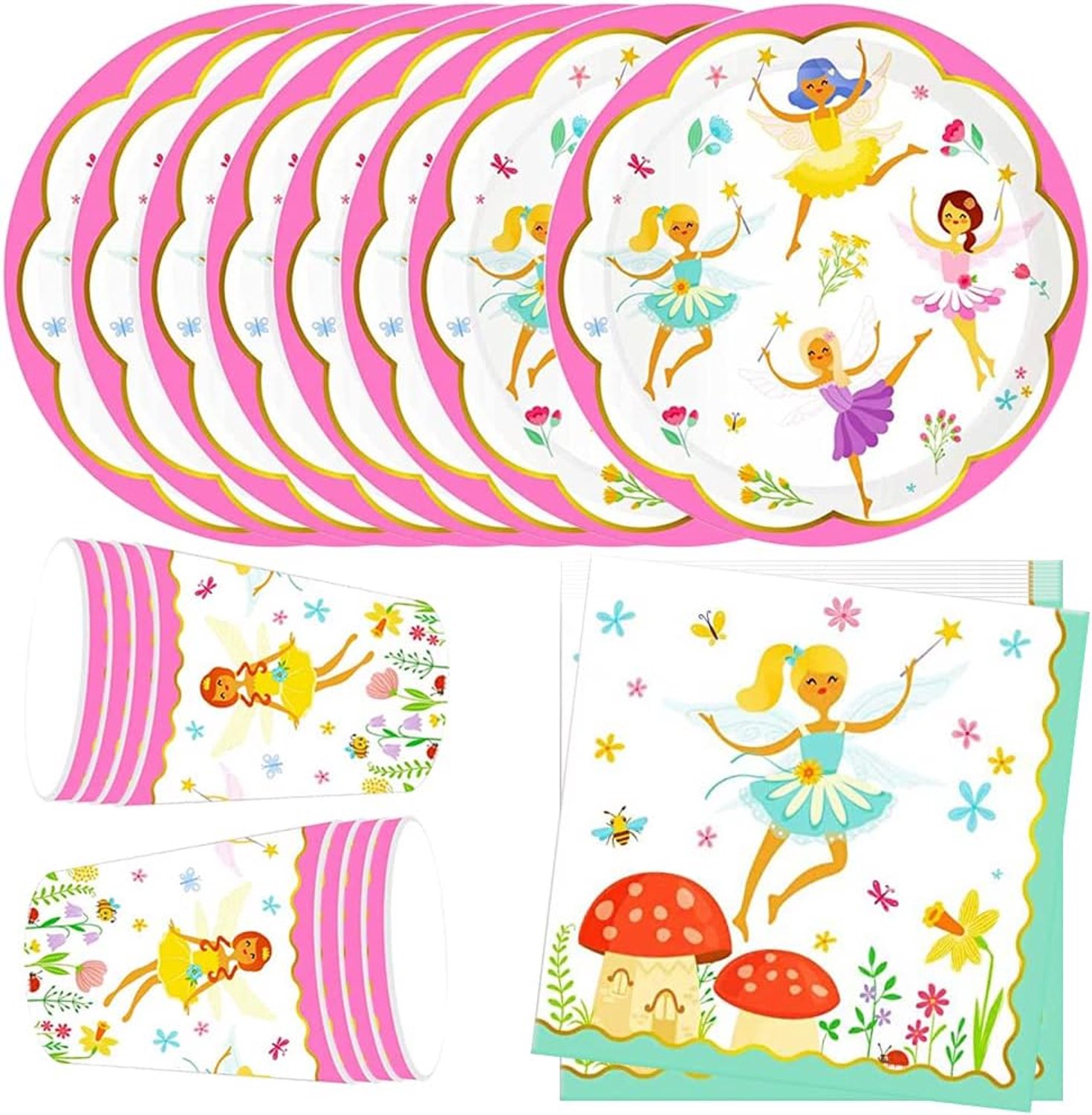 Partyservies, kinderverjaardag, feest, servies, feeën, papieren borden, bekers, servetten, feeën, verjaardagsfeest, bruiloft, babyshower, picknick, tafeldecoratieset