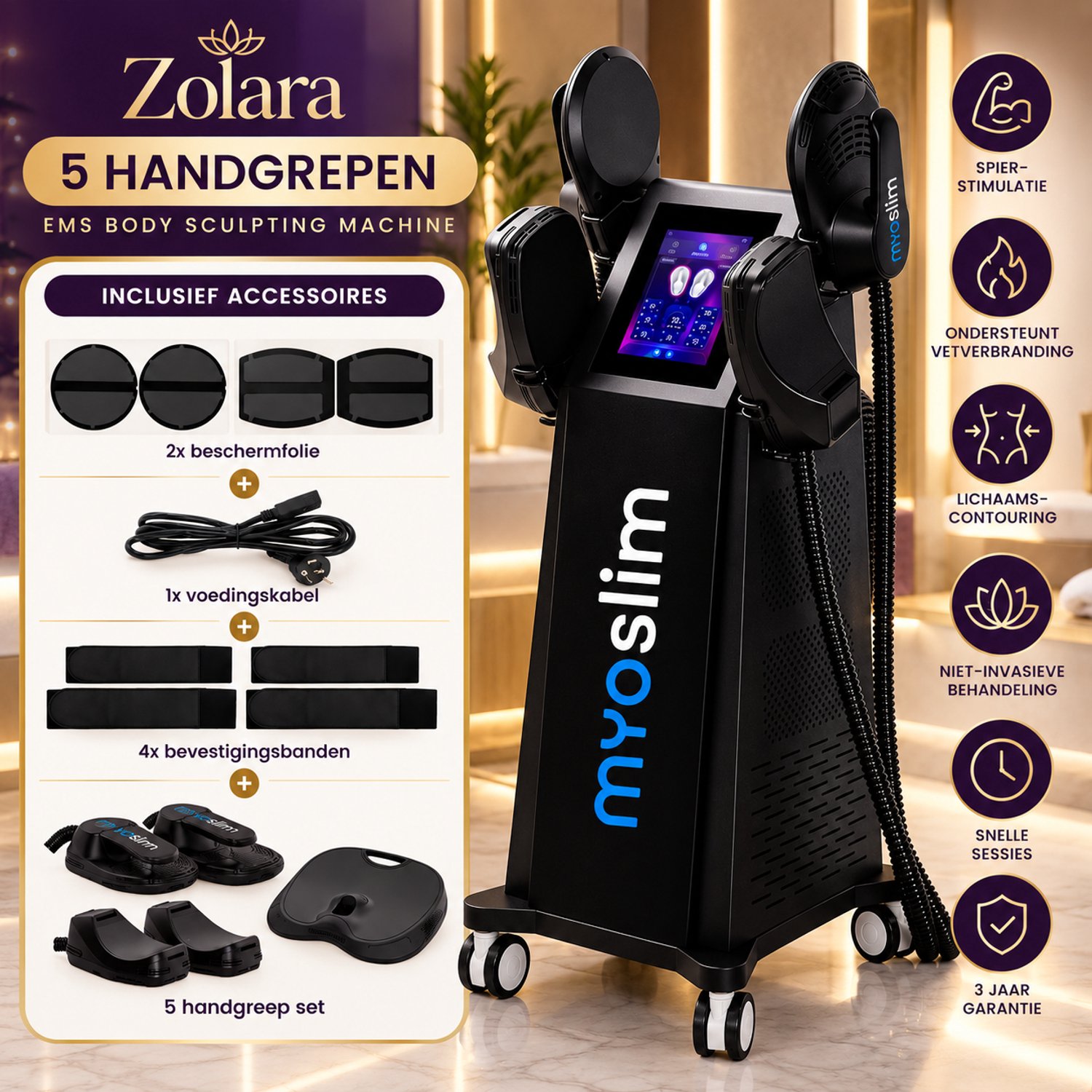 Zolara Professionele EMS Body Sculpting Machine - 5 Handle RF - Spierstimulator voor Buik, Billen, Armen en Benen - 15T/200Hz - 6500W - Elektromagnetische Stimulatie - Buikspiertrainer - Lichaamscontouring
