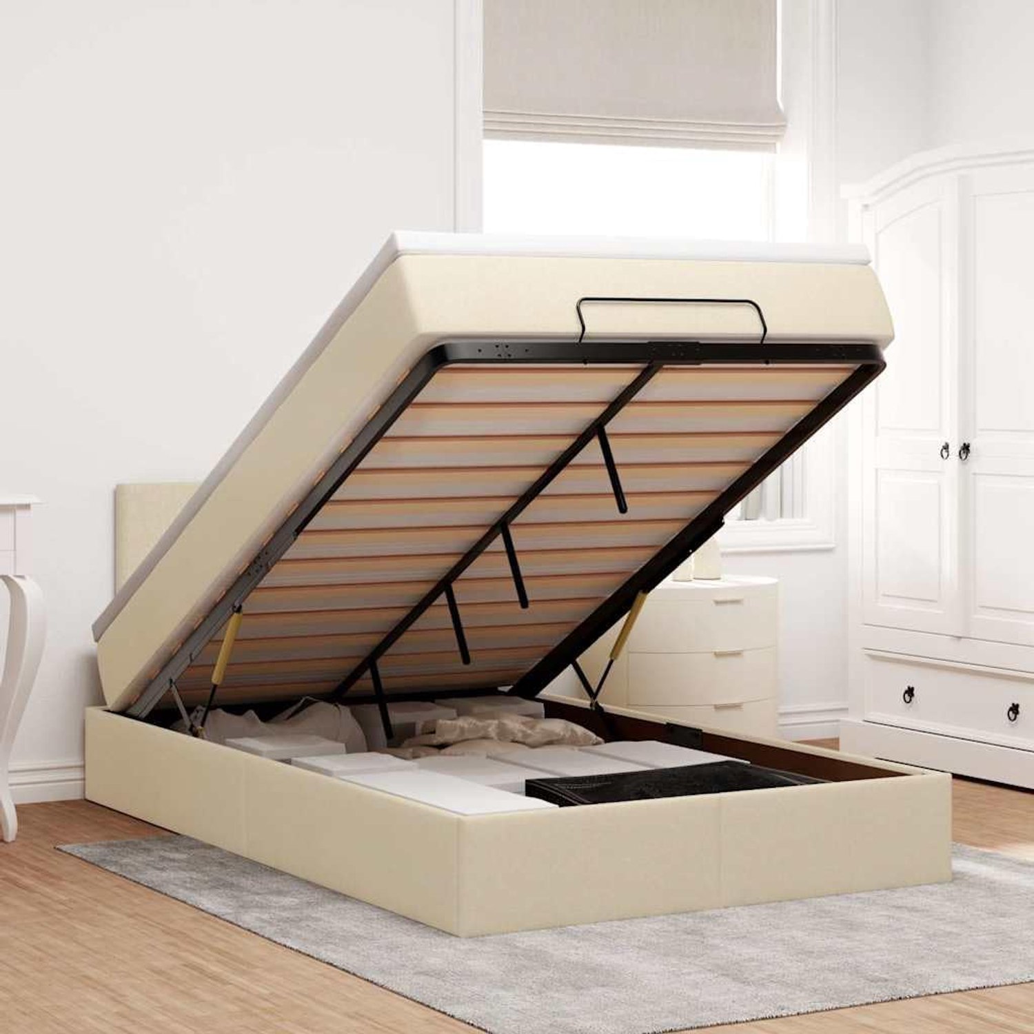 Opbergbed met pocketveringmatras stoffen crèmekleurig 120x190cm