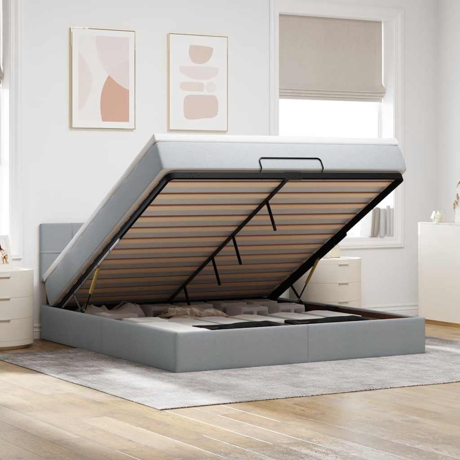 Opbergbed met pocketveringmatras zachte polyesterstof lichtgrijs 160x200 cm