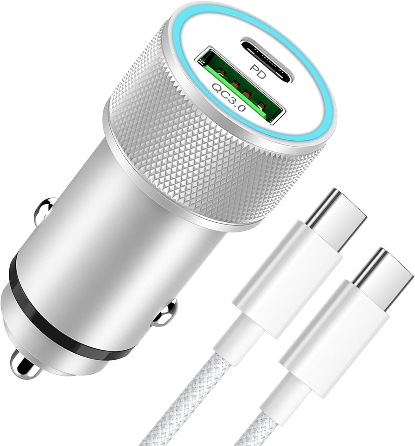 Autolader, USB C 60 W met 1 m kabel type C, snel opladen voor iPhone 17 16 15 Pro Max/Plus, Samsung Galaxy S25 S24 S23 Ultra, autolader 2 poorten PD&QC3.0 adapter stopcontact sigarettenaansteker