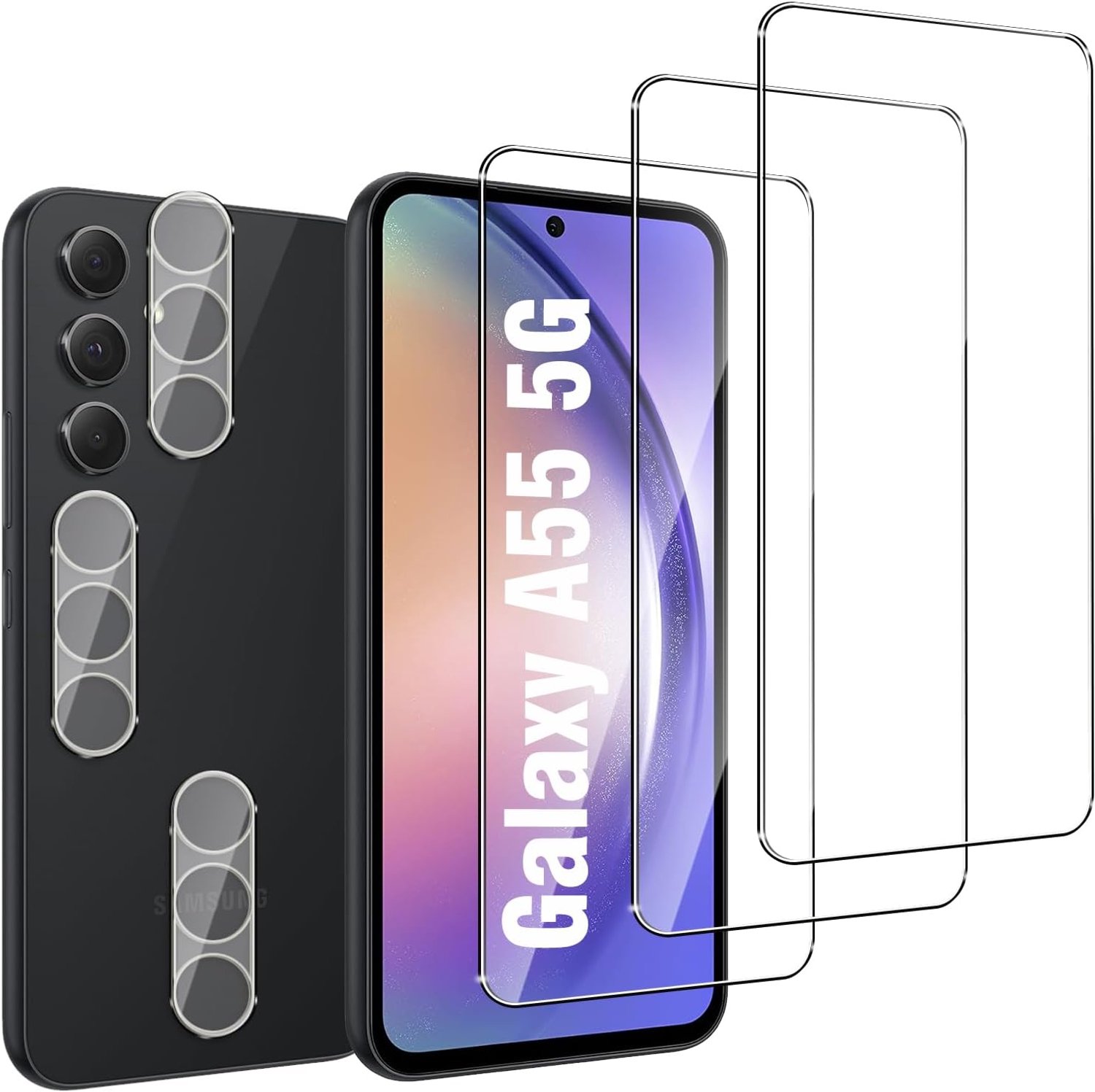 （3+3 Stuks）Tempered Glas Screen protector voor Samsung Galaxy A55 5G，Anti-Kras，9H Hardheid，Volledige Dekking，Gemakkelijk Aan te Brengen，Hydrofobe & Olieafstotende Laag，Hooghelder