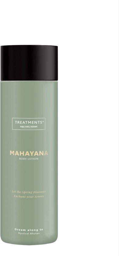 Groene fles TREATMENTS Mahayana bodylotion met zwarte dop en gouden tekst: Let the Spring Blossoms Enchant your Senses.