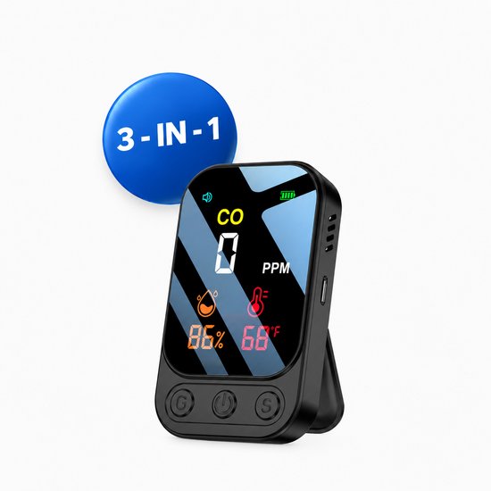 Zwarte 3-in-1 CO-meter met blauw label dat de multifunctionele eigenschappen benadrukt.