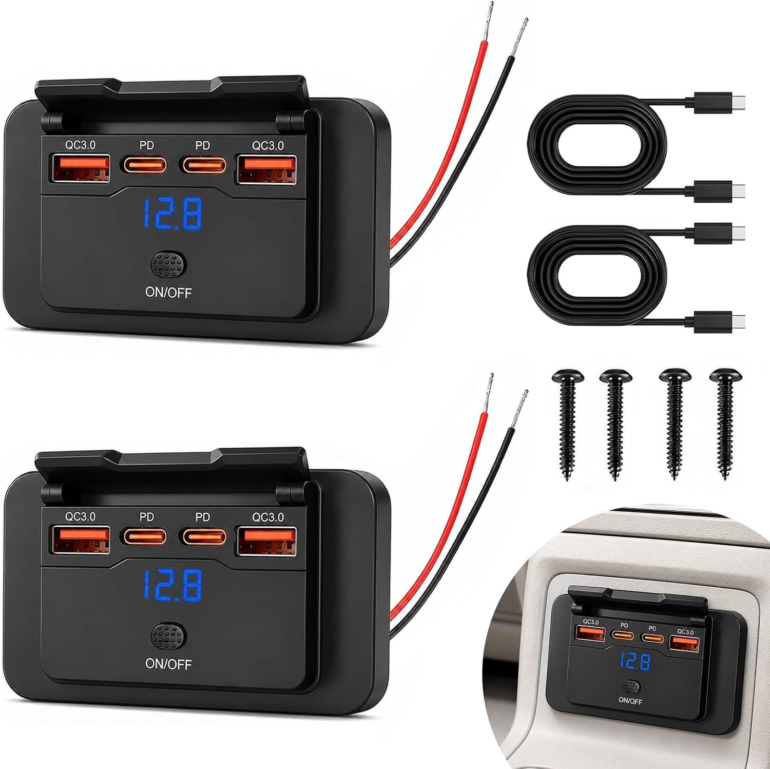 2Stk 78W 4-Poorts USB-Aansluiting 12V Dual 30W PD&18W QC3.0 met Schakelaar