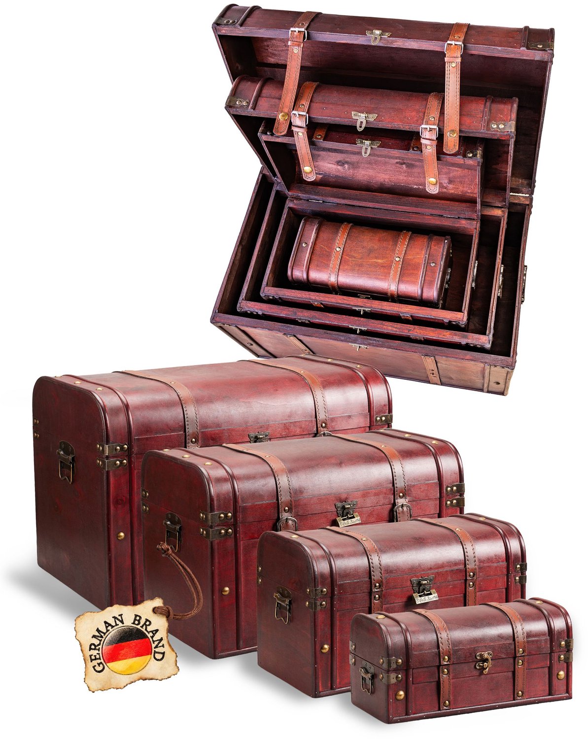 Kingpower houten schatkist met slot, set van 4, houten schatkist