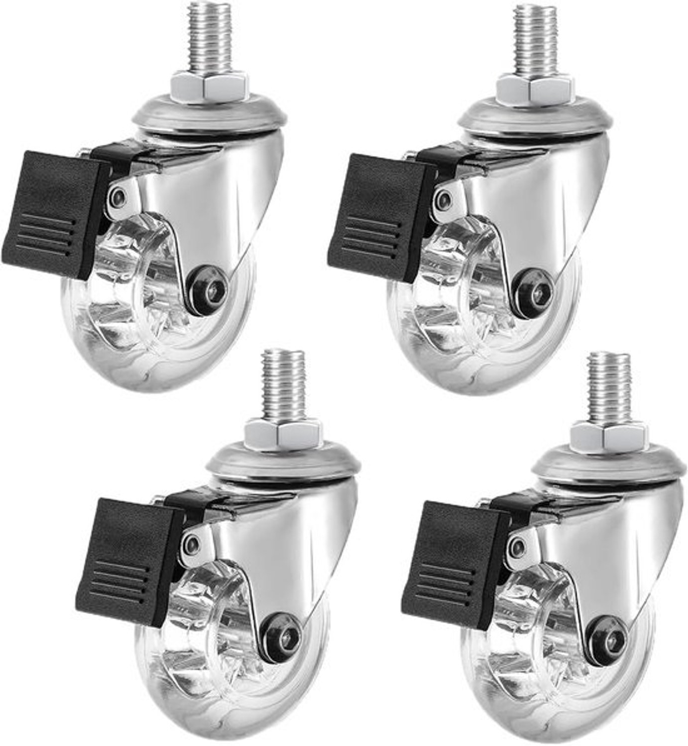 4x zwenkwielen met rem - M8-draadpen - Transparant PU - 50 mm