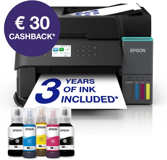Zwarte Epson EcoTank all-in-one printer met vijf inktflessen en tekst: 3 jaar inkt inbegrepen en 30 euro cashback.