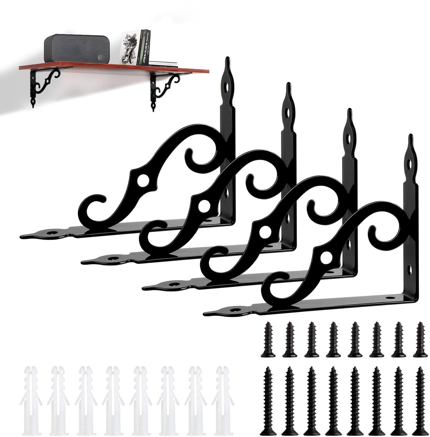 Set van 4 Plankhouders Zwart Metaal 19 cm