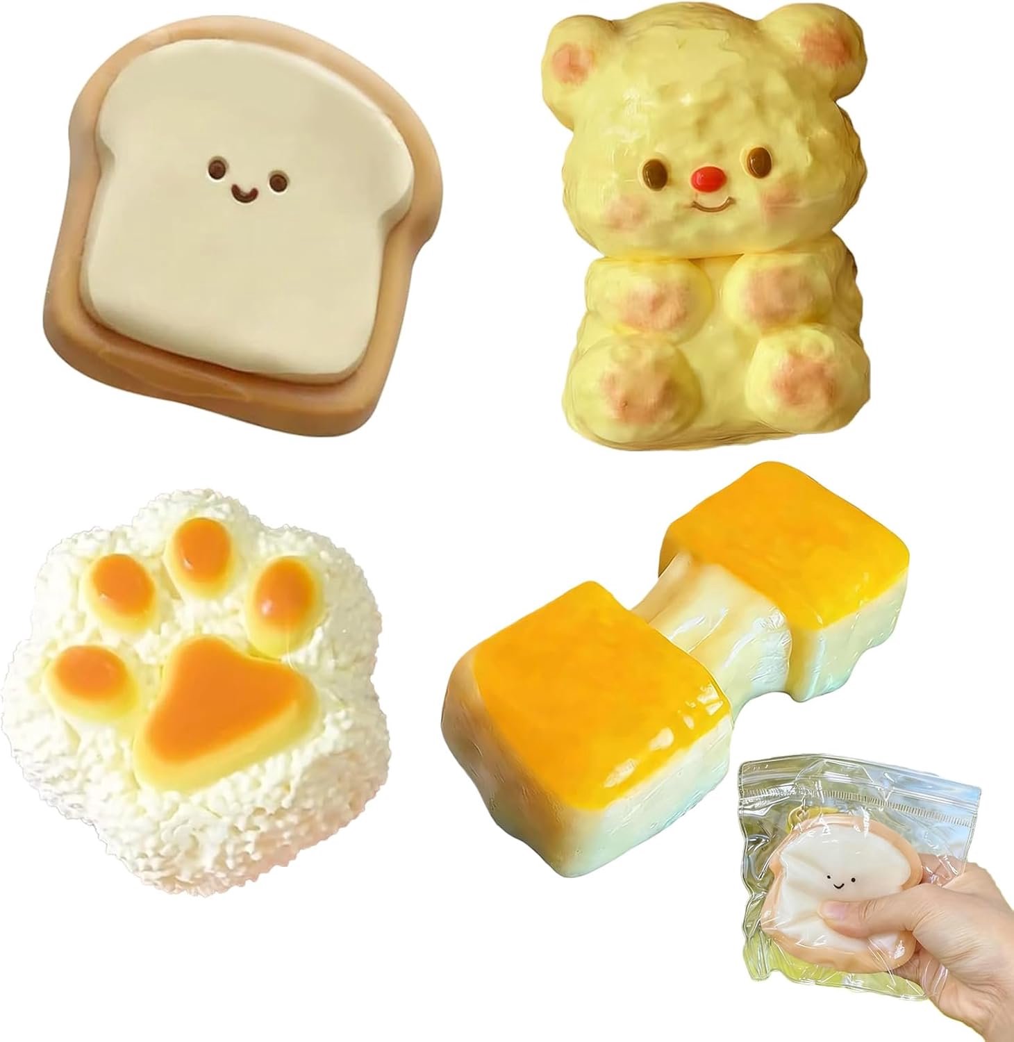 Squishy Toys Anti-Stress-speelgoed, sensorisch fidget speelgoed, Kawaii Squishies knijpspeelgoed, zacht, ontspanning, decompressie, kantoorobject, grappig cadeau, 4 stuks