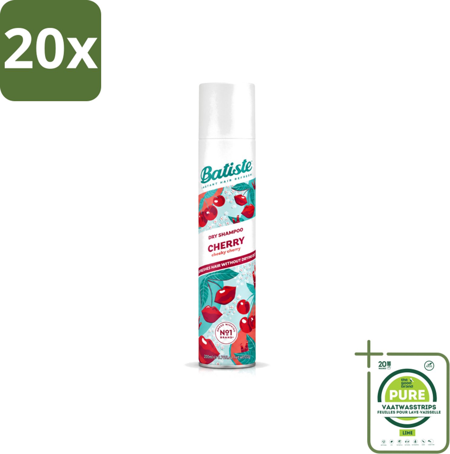 20 x Batiste - Cherry - Droogshampoo - Kersenbloesem Geur - Verfrist en Geeft Volume - 200ml - Grootverpakking - Vaatwasstrips - Droogshampoo - Kersengeur - Haar Opfrissen - Haar Frisheid - Haar Volume