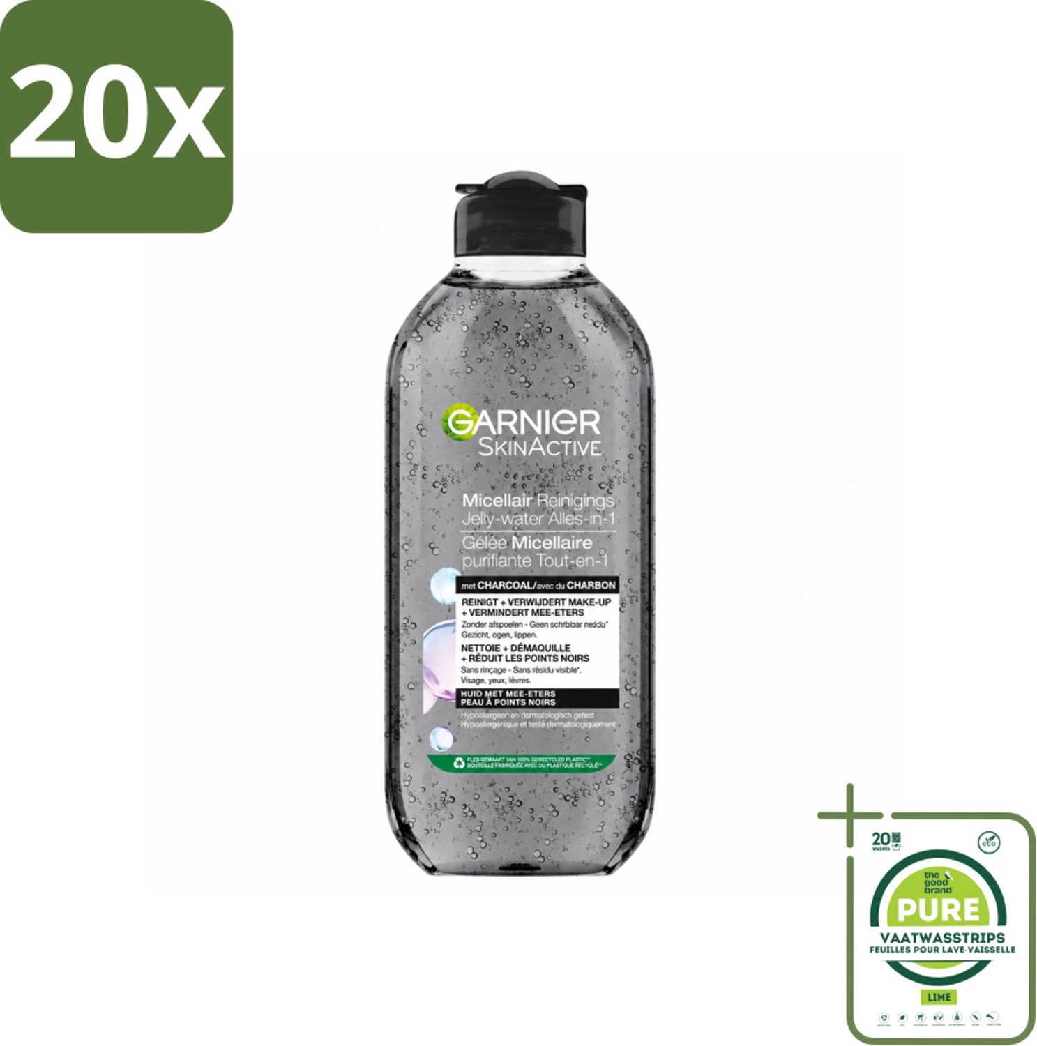 20 x Garnier - SkinActive - Micellair Jelly-water - Alles-in-1 - Charcoal - 400 ml - Grootverpakking - Vaatwasstrips - Huid Reinigen - Make-up Verwijderen - Houtskool - Salicylzuur - Micellair Water