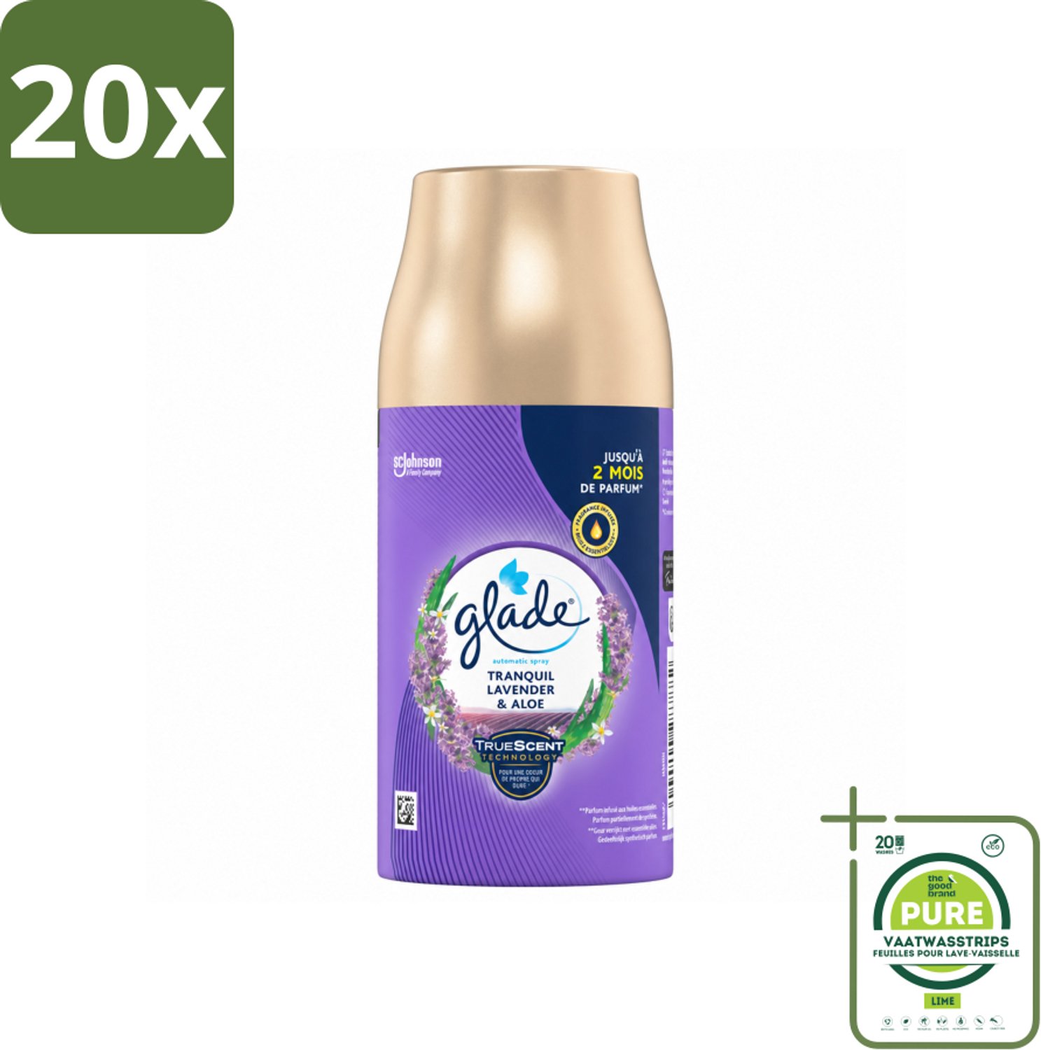 20 x Glade - Automatische Spray - Tranquil Lavender & Aloë - 269 g - Grootverpakking - Vaatwasstrips - Lavendel - Aloe Vera - Viooltjesblad - Ontspanning - Geur