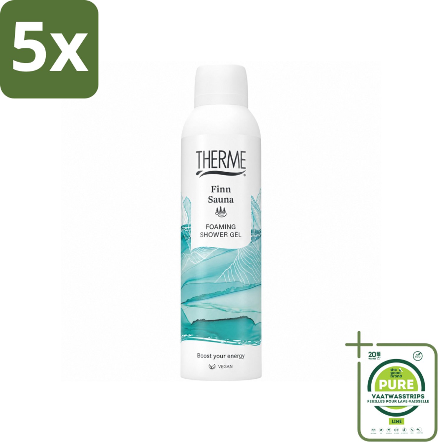 5 x Therme - Finn Sauna - Schuimende Douchegel - Verfrissend - Verzorgend - 200ml - Grootverpakking - Vaatwasstrips - Sauna - Douchegel - Schuimende Douchegel - Wellness - Eucalyptus