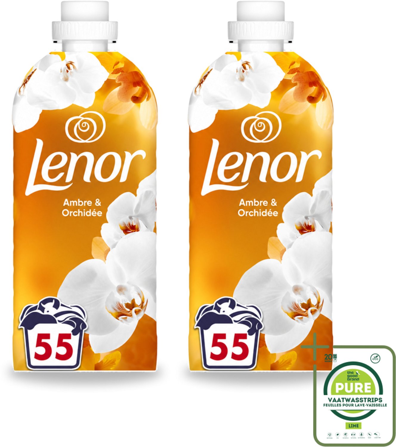2 x Lenor - Wasverzachter - Amber & Orchidee - Fris & Zacht - 55 Wasbeurten - Grootverpakking - Vaatwasstrips - Wasverzachter - Geur - Ontspanning - Frisheid - Wasmachine