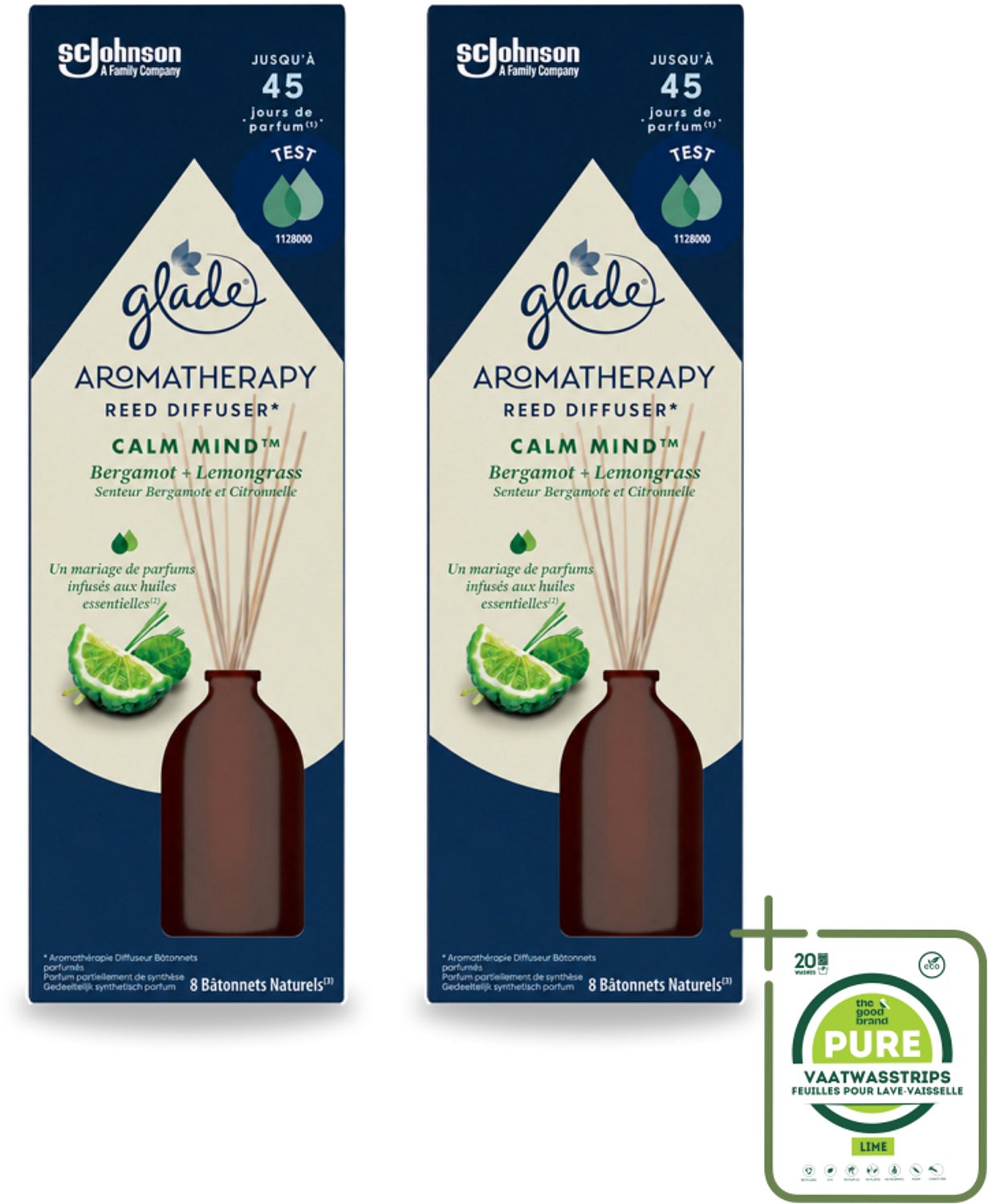 2 x Glade - Geurstokjes Calm Mind - Aromatherapie Geurverspreiding - 80 ml - Grootverpakking - Vaatwasstrips - Geurstokjes - Ontspanning - Geur - Aromatherapie - Rust