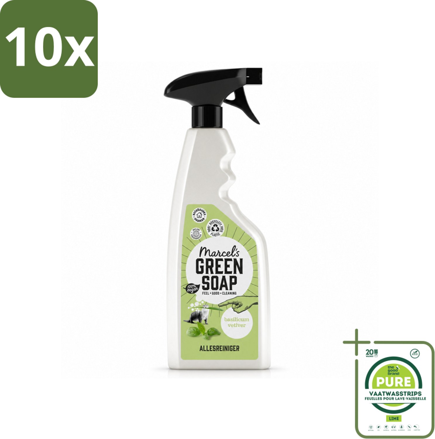 10 x Marcel's Green Soap - Allesreiniger Spray - Basilicum & Vetiver gras - Natuurlijk & effectief - 500 ml - Grootverpakking - Vaatwasstrips - Allesreiniger Spray - Natuurlijke Reiniger - Vegan Reiniger - Vuil Verwijderen - Geur Basiliqum Vetiver