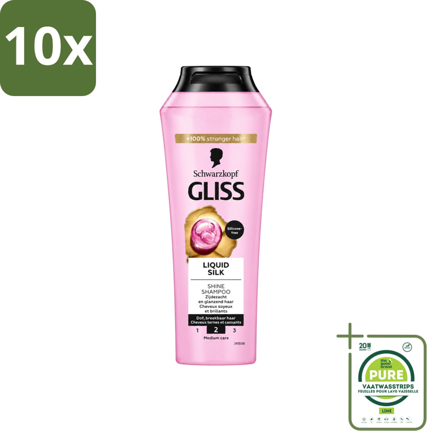 10 x Gliss - Shampoo - Liquid Silk - Voor Glanzend en Zijdezacht Haar - 250 ml - Grootverpakking - Vaatwasstrips - Glans Haar - Zijdezacht Haar - Glanzend Haar - Siliconenvrije Shampoo - Natuurlijke Shampoo