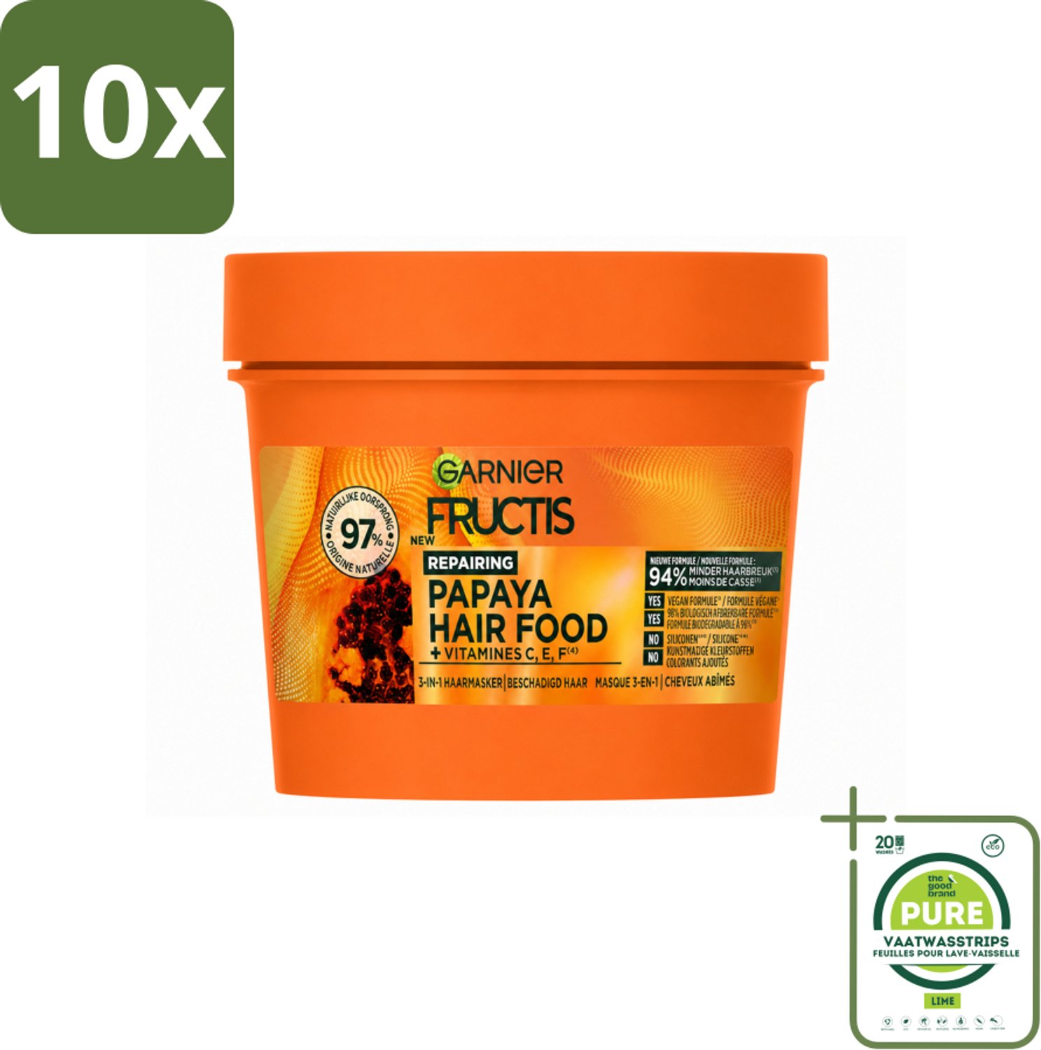 10 x Garnier - Fructis Hair Food Papaya - 3-in-1 Haarmasker - Beschadigd Haar - 400 ml - Grootverpakking - Vaatwasstrips - Haarmasker - Haarvoeding - Beschadigd Haar - Papaya - Kokosolie