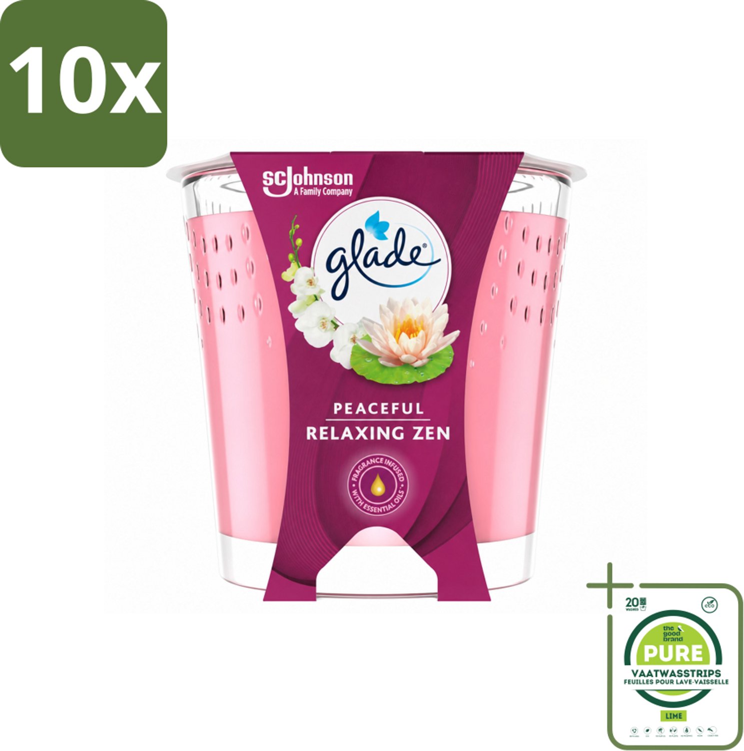 10 x Glade - Geurkaars Relaxing Zen - 100% Raapzaadwas - 112 g - Grootverpakking - Vaatwasstrips - Geurkaars Rust - Geurkaars Ontspanning - Geurkaars Zen - Geurkaars Natuurlijk - Geurkaars Vegan