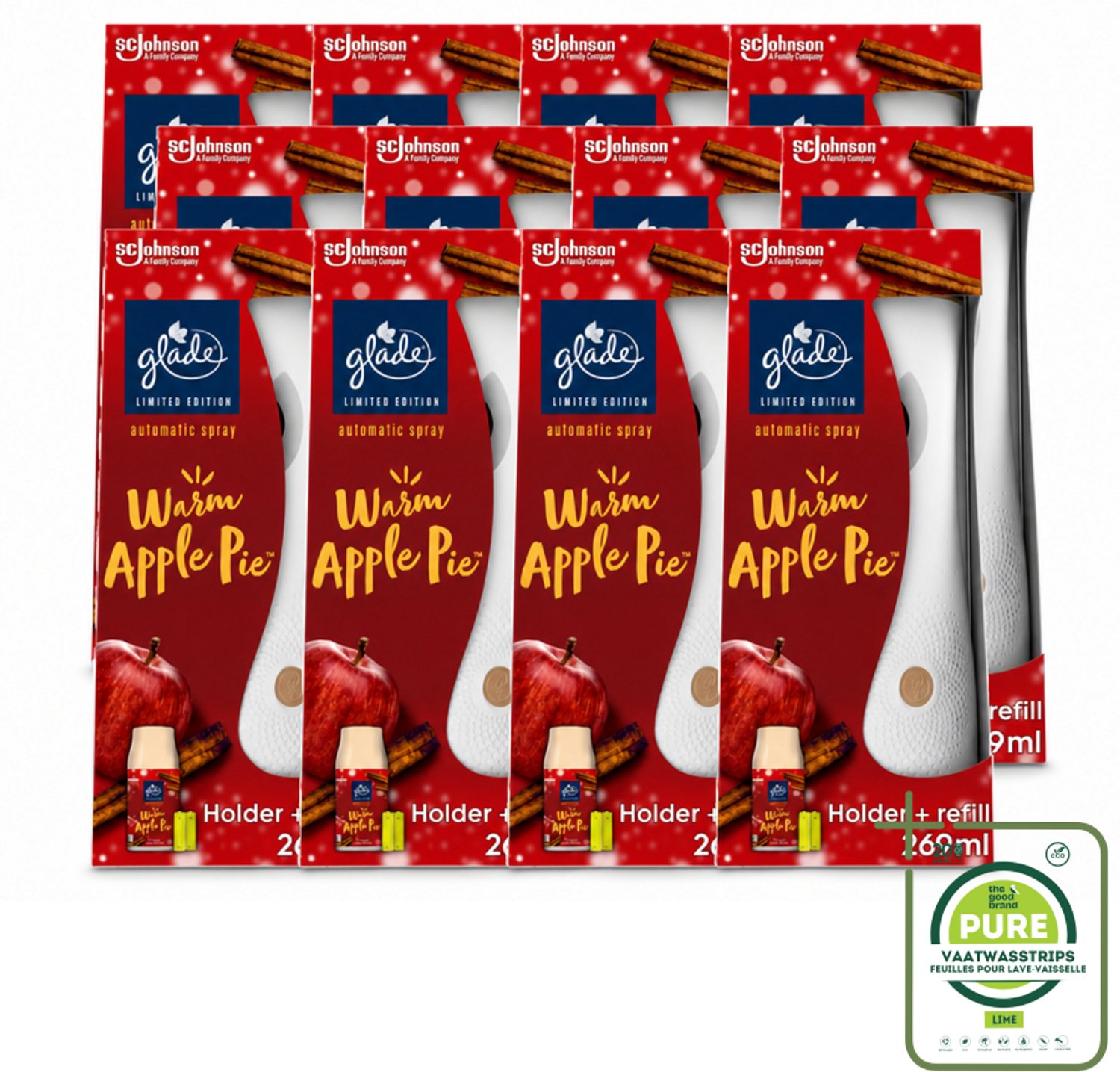 12 x Glade - Houder Automatische Spray - Warme Appeltaart Limited Edition - 269 ml - Grootverpakking - Vaatwasstrips - Warm Apple Pie Geur - Automatische Geur - Geur In Huis - Gezelligheid In Huis - Herfstgeur