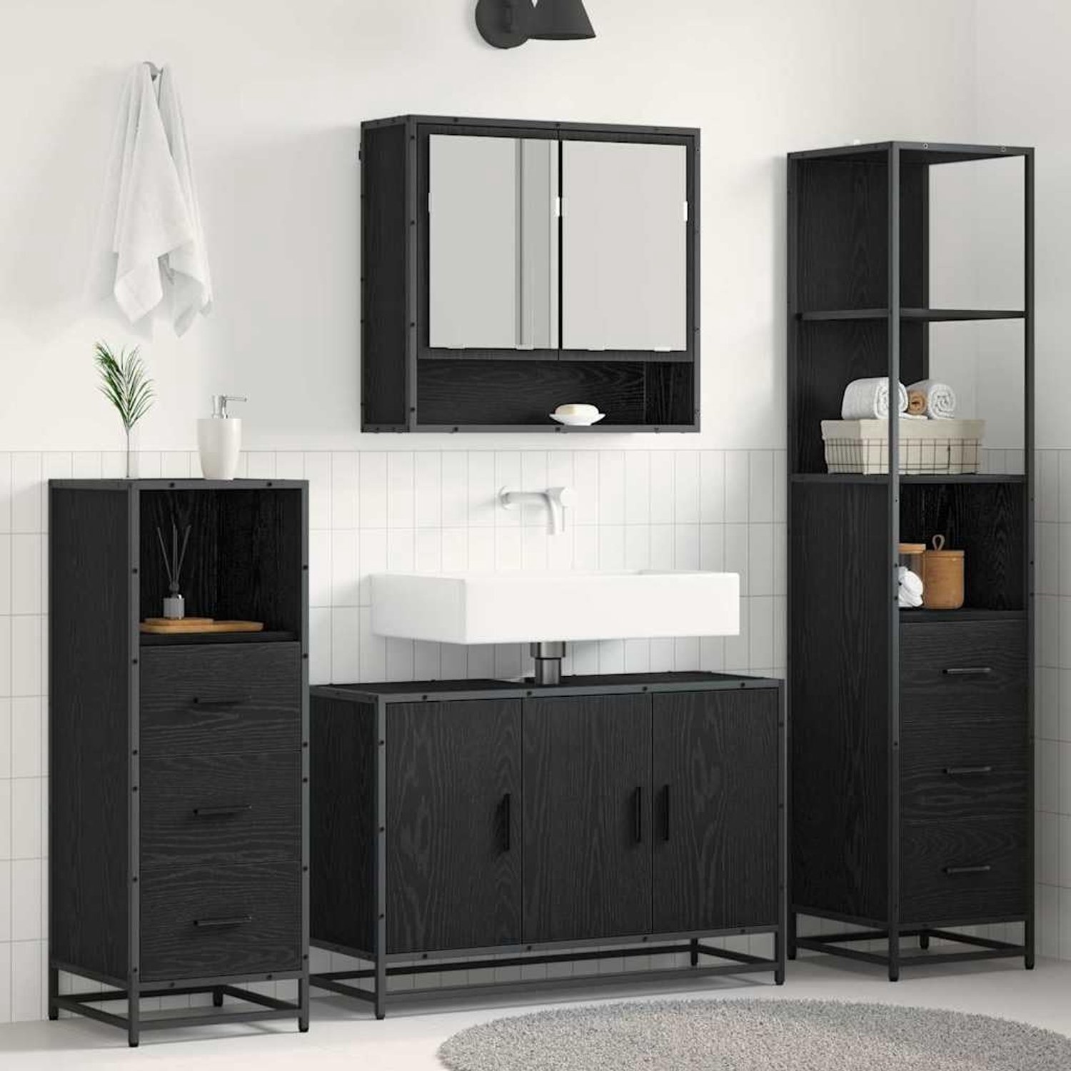 Badkamermeubelset, 4 stuks, zwart, eiken-look, houtmateriaal, spiegelkast, wastafelonderkast, badkamerkast met opbergoplossingen, wandmontage, design voor moderne ruimtes